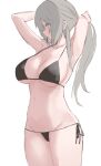  1girl armpits arms_up bikini black_bikini black_ribbon breasts cleavage cowboy_shot ff_frbb122 girls&#039;_frontline grey_hair hair_tie highres large_breasts long_hair mouth_hold navel ponytail ribbon side-tie_bikini_bottom simple_background solo stomach swimsuit tying_hair ump40_(girls&#039;_frontline) white_background yellow_eyes 