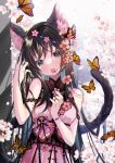  07touka25 1girl animal_ears black_hair bracelet breasts brown_hair bug butterfly cat_ears cat_girl cat_tail cherry_blossoms dress flower flower_in_mouth gradient_hair grey_eyes hair_flower hair_ornament highres jewelry long_hair looking_at_viewer medium_breasts mouth_hold multicolored_hair notched_ear original petals pink_dress ring sleeveless sleeveless_dress straight_hair tail very_long_hair 