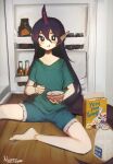  1girl :t absurdres aqua_shirt aqua_shorts bottle bowl box breasts bright_pupils cardboard_box commentary eating english_commentary english_text film_grain frilled_shorts frills hair_between_eyes highres holding holding_bowl horns long_hair milk_bottle nyztsune official_art_inset on_floor pointy_ears purple_hair purple_horns refrigerator shirt short_shorts shorts small_breasts t-shirt tail tenkajin_chiyari touhou toutetsu_yuuma white_pupils zun_(artist) 