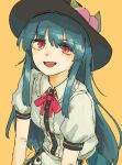  1girl :d black_headwear blue_hair bow bowtie center_frills frills highres hinanawi_tenshi long_hair looking_at_viewer open_mouth orange_background peach_hat_ornament red_bow red_bowtie red_eyes shirt short_sleeves sidelocks simple_background smile solo touhou upper_body wasabisuke white_shirt 