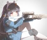  1girl aiming animal_ears belt_pouch black_gloves blue_archive blue_hair blue_shirt blue_skirt blunt_bangs bright_pupils fake_animal_ears frown gloves grey_halo gun halo highres holding holding_gun holding_weapon knee_pads knees_up leaf leaf_on_head long_hair looking_at_object miya_kazutomo miyu_(blue_archive) pantyhose pleated_skirt pouch rabbit_ears red_eyes sailor_collar school_uniform scope shirt simple_background single_knee_pad sitting skirt sniping solo tactical_clothes weapon weapon_request white_background white_footwear white_pantyhose white_sailor_collar 