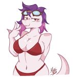  anthro big_breasts bikini bikini_bottom bikini_top blush blush_lines breasts clothing eyelashes eyeliner eyewear eyewear_on_head fan_character female gesture goggles goggles_on_head hair lizard lizard_tail looking_at_viewer magenta_hair makeup mikifluffs purple_hair red_bikini red_clothing red_eyes red_swimwear reptile scalie smile smiling_at_viewer solo swimwear tail v_sign white_body 