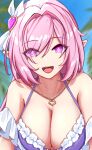  1girl :d bare_shoulders bikini blue_sky blurry blurry_background breasts commentary_request day depth_of_field elysia_(honkai_impact) frilled_bikini frills hair_intakes hair_ornament hair_over_one_eye heart heart_hair_ornament heart_necklace highres honkai_(series) honkai_impact_3rd jewelry large_breasts long_hair looking_at_viewer necklace outdoors palm_tree pink_hair pointy_ears purple_bikini purple_eyes sky slash-ex smile solo swimsuit teeth tree upper_body upper_teeth_only 