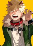  1boy animal_collar bakugou_katsuki black_nails blonde_hair boku_no_hero_academia chain claw_pose coat collar collarbone cuffs fangs fur-trimmed_coat fur_trim green_coat highres male_focus mirin_(coene65) open_mouth red_eyes shackles shirt simple_background solo teeth white_shirt yellow_background 