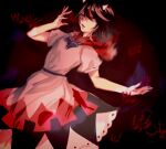  1girl black_background black_hair commentary_request dress flower highres horns kijin_seija multicolored_hair open_mouth painpain_belly red_flower red_hair short_hair short_sleeves simple_background solo streaked_hair touhou white_dress white_hair 