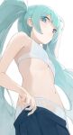  1girl aqua_hair blue_bra blue_panties bra hatsune_miku highres hiroki_(yyqw7151) looking_at_viewer panties polka_dot polka_dot_bra solo twintails underwear vocaloid 