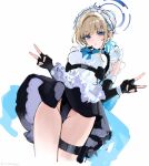  1girl :o apron black_dress black_gloves black_leotard blonde_hair blue_archive blue_bow blue_bowtie blue_eyes blush bow bowtie breasts commentary double_v dress earpiece elbow_gloves fingerless_gloves gloves groin halo highres holster kandzume_(kandume200) leotard looking_at_viewer maid_apron maid_headdress microphone short_hair sketch sleeveless sleeveless_dress small_breasts solo thigh_holster toki_(blue_archive) v 