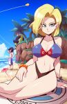  1girl 2boys android_16 android_17 android_18 artist_name bare_shoulders beach bikini black_hair blonde_hair blue_sky bracelet breasts brother_and_sister capsule_corp cleavage cloud cocktail_umbrella cup day dragon_ball dragon_ball_(object) dragon_ball_z feet_out_of_frame flying_nimbus grass highres ice ice_cube jewelry large_breasts leaf male_swimwear mike_luckas multiple_boys navel ocean outdoors red_ribbon_army sand short_hair siblings sitting sky solo_focus standing swim_trunks swimsuit tree twins watermark web_address 