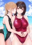  2girls bare_shoulders beach blonde_hair blue_sky blush breast_press breasts brown_hair closed_eyes cloud collarbone commentary_request competition_swimsuit covered_navel day highres holding_hands hug imminent_face_licking interlocked_fingers large_breasts long_hair looking_at_viewer medium_hair multiple_girls nobita_(nbnobita) one-piece_swimsuit original outdoors parted_lips ponytail purple_eyes red_one-piece_swimsuit sky swimsuit tongue tongue_out two-tone_swimsuit yuri 