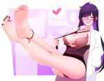  1girl anklet barefoot black_hair blush breasts cleavage feet glasses highres indie_virtual_youtuber jewelry labcoat looking_at_viewer nona_moth open_mouth original purple_eyes see-through_bra sharp_teeth simple_background soles solo sweat teeth toe_ring toes upper_teeth_only virtual_youtuber 