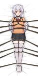  1girl animal_ears arms_behind_back bdsm black_choker blush bondage bound bow breasts choker commentary_request commission dakimakura_(medium) grey_hair highres lion_ears lion_tail long_hair lying miniskirt motion_lines mushi_(insect_3) on_back orange_sweater original pleated_skirt red_bow red_eyes school_uniform shibari skeb_commission skirt small_breasts solo sweat sweater tail thighhighs 