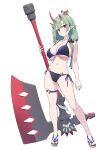  1girl absurdres akari_(baffu) asymmetrical_horns axe baffu battle_axe bikini black_bikini blue_bikini breasts cleavage commentary_request contrapposto crab_on_head dot_mouth expressionless flip-flops full_body green_hair hair_ornament hair_over_shoulder highres holding holding_axe horns large_breasts long_hair looking_at_viewer nail_polish navel oni oni_horns original paid_reward_available pointy_ears red_eyes red_nails sandals simple_background solo standing swimsuit thigh_strap toenail_polish toenails two-tone_bikini weapon white_background 