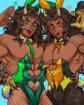  2boys abs animal_ears animal_feet animal_hands arkdraws13 bird_wings blue_background brown_hair colored_sclera cowboy_shot crossdressing dark-skinned_male dark_skin demon_boy detached_collar fake_animal_ears fake_tail fangs feathered_wings fishnets furrowed_brow green_eyes green_leotard green_nails green_necktie green_sclera grey_horns hand_up harpy_boy heart highres horns karaku_(kimetsu_no_yaiba) kimetsu_no_yaiba leotard long_hair looking_at_viewer male_focus male_playboy_bunny monster_boy multiple_boys neck_ribbon necktie nipples open_mouth rabbit_ears rabbit_tail ribbon simple_background standing strapless strapless_leotard tail talons text_in_mouth toned toned_male tongue tongue_out urogi_(kimetsu_no_yaiba) veins wing_collar wings yellow_eyes yellow_leotard yellow_ribbon yellow_sclera 