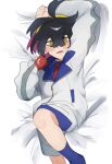  1boy arm_up bed_sheet black_hair blue_shirt blue_shorts blue_socks blush collared_shirt colored_inner_hair commentary_request from_above gloves hair_between_eyes hairband jacket kieran_(pokemon) kingyo_(kingyo11230) knees long_sleeves lying male_focus multicolored_hair necktie on_back open_mouth pokemon pokemon_(game) pokemon_sv red_gloves red_necktie shirt short_hair shorts single_glove socks solo sweatdrop white_jacket yellow_eyes yellow_hairband 