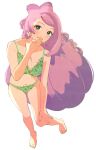  1girl alternate_costume barefoot blurry blush bra breasts cleavage closed_mouth collarbone commentary_request earrings eyelashes eyeshadow full_body green_bra green_eyes green_panties hand_up highres jewelry knees leaning leaning_to_the_side long_hair looking_at_viewer makeup miriam_(pokemon) nail_polish navel osg_pk panties pink_eyeshadow pink_hair pokemon pokemon_(game) pokemon_sv simple_background smile solo toenail_polish toenails toes underwear white_background yellow_nails 