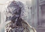  1boy aqua_eyes commentary_request cyborg from_side hair_between_eyes looking_to_the_side male_focus mechanical_parts medium_hair metal_gear_(series) metal_gear_solid_4:_guns_of_the_patriots raiden_(metal_gear) science_fiction senano-yu solo solo_focus upper_body visor_(armor) white_hair 