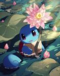  arc_draws commentary_request day flower highres leaf no_humans open_mouth outdoors partially_submerged pink_flower pokemon pokemon_(creature) purple_eyes solo squirtle water 