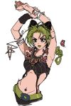  1girl arms_up black_hair braid bug butterfly clothing_cutout double_bun fate/hollow_ataraxia fate_(series) fu_r_y green_eyes green_hair green_lips hair_bun jojo_no_kimyou_na_bouken kujo_jolyne magatama_buckle midriff multicolored_hair navel_cutout solo spider_web_print stone_ocean string two-tone_hair unraveling 