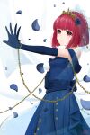 1girl absurdres arima_kana blue_dress blue_flower blue_gloves blue_rose bob_cut closed_mouth crown dress falling_petals flower gloves highres jewelry oshi_no_ko petals red_eyes red_hair rose short_hair slime_yhy smile solo 