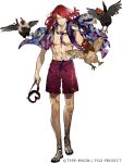  1boy abs bird closed_eyes copyright facing_viewer fate/grand_order fate_(series) floating_clothes floral_print full_body goggles goggles_around_neck goggles_removed hawaiian_shirt holding holding_goggles long_hair male_focus male_swimwear morii_shizuki official_art open_clothes open_shirt pectoral_cleavage pectorals purple_shirt red_hair sandals scar scar_on_chest shirt short_sleeves smile solo standing swept_bangs swim_trunks toenails toes toned toned_male transparent_background tristan_(fate) watch wristwatch 