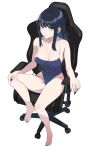  1girl barefoot black_eyes blue_eyes blue_one-piece_swimsuit breasts chair cleavage commentary_request competition_school_swimsuit covered_navel full_body gaming_chair highres kooka_kenji large_breasts looking_at_viewer one-piece_swimsuit original school_swimsuit sidelocks simple_background sitting solo swimsuit swivel_chair white_background 