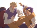  2boys abs anger_vein annoyed blonde_hair blue_hair blue_vest blush brown_pants clothes_lift commentary_request dio_brando face_punch full-face_blush in_the_face indoors jojo_no_kimyou_na_bouken jonathan_joestar long_sleeves looking_at_another male_focus meng_bu_chong multiple_boys muscular muscular_male navel necktie open_mouth pants pectorals pervert phantom_blood punching shirt short_hair sweatdrop vest white_shirt yaoi yellow_eyes 