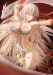  1girl absurdres animal armlet bare_shoulders belly_chain blush breasts cleavage colored_skin durga_(fate) earrings fate/grand_order fate_(series) fuyu_no_oka gradient_skin grey_hair hair_ribbon highres jewelry large_breasts long_hair looking_to_the_side open_mouth orange_eyes oversized_animal pelvic_curtain red_skin revealing_clothes ribbon sash snake solo thighs very_long_hair 