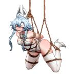  1girl absurdres ahoge animal_ears arms_behind_back bare_shoulders bdsm blue_hair blush bondage bound breasts cleavage full_body gag gagged hair_between_eyes high_heels highres leotard mihua_mh neptune_(series) playboy_bunny power_symbol power_symbol-shaped_pupils rabbit_ears rabbit_tail red_eyes restrained rope short_hair_with_long_locks skin_tight skindentation small_breasts solo suspension symbol-shaped_pupils tail thighhighs white_heart white_thighhighs 