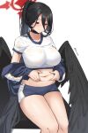  1girl absurdres black_choker black_hair black_wings blue_archive blush breasts choker curvy feathered_wings halo hasumi_(blue_archive) hasumi_(track)_(blue_archive) high_ponytail highres large_breasts large_wings long_hair midriff mole mole_under_eye navel official_alternate_costume official_alternate_hairstyle pinching pinnn ponytail red_eyes shorts sitting solo sportswear stomach thighs very_long_hair weight_conscious wings 
