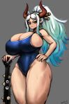  :&lt; absurd_res angry bare_shoulders big_breasts blue_one-piece_swimsuit bodily_fluids breasts brown_horn cleavage clothed clothing curvy_figure ear_piercing ear_ring eyelashes female glistening glistening_body gradient_hair green_hair grey_background hair half-closed_eyes hand_on_hip hi_res holding_mace holding_object holding_weapon horn horned_humanoid huge_breasts humanoid long_hair looking_at_viewer mace melee_weapon narrowed_eyes one-piece_swimsuit one_piece piercing ponytail portrait red_horn ring_piercing side_boob simple_background skindentation solo standing sweat swimwear thick_thighs three-quarter_portrait tight_clothing voluptuous weapon wet white_hair wide_hips yamato_(one_piece) yboon 