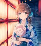  1girl blurry blurry_background brown_hair comiket_102 depth_of_field floral_print flower grey_eyes hair_flower hair_ornament hand_fan highres hiten_(hitenkei) holding holding_fan japanese_clothes kimono lantern long_hair long_sleeves looking_at_viewer night obi original outdoors paper_fan paper_lantern parted_lips print_kimono sash sidelocks solo stairs stone_stairs uchiwa white_flower white_kimono wide_sleeves 