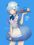 1boy alternate_costume apron arknights artist_name blinky_(pac-man) blue_background blue_dress blue_hair blue_ribbon closed_mouth clyde_(pac-man) commentary_request crossdressing dress enmaided frilled_apron frills ghost gradient_hair hair_between_eyes highres holding holding_tray inky_(pac-man) looking_at_viewer maid maid_apron mizuki_(arknights) moribe_denkou multicolored_hair neck_ribbon one_eye_closed pac-man_(game) pink_eyes puffy_short_sleeves puffy_sleeves purple_hair ribbon short_hair short_hair_with_long_locks short_sleeves sidelocks signature simple_background smile solo tray twitter_username two-tone_hair white_apron 