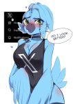  absurd_res anthro avian beak bird blue_body blue_feathers breasts choker cleavage clothed clothing dialogue feathers female green_eyes hi_res jewelry meme necklace non-mammal_breasts question_mark shirt solo speech_bubble tail_feathers tank_top topwear tweetfur twitter yukomaussi 
