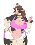  absurd_res anthro artist_name bell bell_collar big_breasts blanclauz bottomwear bovid bovine breasts brown_eyes brown_hair cattle cleavage clothed clothing collar dated duo female hair hi_res horn hotpants long_hair mammal mouse murid murine navel nipple_outline open_mouth rodent shirt shorts size_difference tank_top topwear 