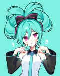  1girl 39 :o aqua_hair black_wrist_cuffs blue_necktie blush bow-shaped_hair cinnamiku collared_shirt facing_viewer grey_shirt hatsune_miku looking_up miku_day necktie pinocchio-p_(style) purple_eyes sanrio shirt sleeveless sleeveless_shirt solo twintails updo vocaloid waka_(wk4444) wrist_cuffs 