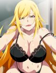  1girl black_bra black_panties blonde_hair blurry blurry_background bra breasts cleavage fang gesugesu_ahoaho indoors kiss-shot_acerola-orion_heart-under-blade kizumonogatari large_breasts long_hair looking_at_viewer monogatari_(series) naughty_face navel open_mouth oshino_shinobu panties pointy_ears sidelocks slit_pupils solo stomach strap_slip sweatdrop underwear underwear_only very_long_hair yellow_eyes 