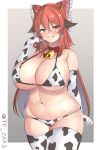  1girl :q animal_ears animal_print arm_behind_back armpit_crease bell blush bow breasts brown_eyes brown_hair collar commentary_request cow_ears cow_horns cow_print cow_print_bikini cowbell cowboy_shot curvy dot_nose elbow_gloves frilled_bow frilled_hair_tubes frills gloves gradient_background grey_background groin hair_bow hair_tubes hakurei_reimu half-closed_eyes hand_up horns huge_breasts long_hair looking_at_viewer navel paid_reward_available plump red_bow sidelocks simple_background skindentation solo standing tf_cafe tongue tongue_out touhou very_long_hair 