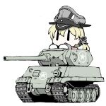  1girl anchor_hair_ornament blonde_hair caterpillar_tracks ersatz_m10 hair_ornament hat kantai_collection military military_vehicle motor_vehicle on_vehicle peaked_cap prinz_eugen_(kancolle) solid_eyes solo tank tank_destroyer task_(s_task80) |_| 
