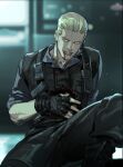  1boy albert_wesker black_gloves blonde_hair blood blood_on_clothes blood_on_face blue_shirt bulletproof_vest gloves highres muscular non-web_source pants police police_uniform resident_evil shirt tatsumi_(psmhbpiuczn) uniform 