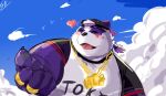  &lt;3 alp_(tas) anthro backwards_baseball_cap backwards_hat baseball_cap bear blush braided_hair braided_ponytail clothing eyes_closed fur giant_panda hair hat headgear headwear hi_res jewelry lifewonders male mammal necklace overweight ponytail purple_body purple_fur shirt smile solo t-shirt tengzai05 tokyo_afterschool_summoners topwear 