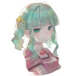  1girl aqua_hair arms_at_sides blunt_bangs blush center_frills collared_shirt cropped_torso crying dot_mouth dot_nose frilled_shirt frills futaba_sana green_eyes hair_ornament hair_scrunchie kamanberu_sando layered_sleeves long_sleeves looking_at_viewer magia_record:_mahou_shoujo_madoka_magica_gaiden mahou_shoujo_madoka_magica mizuna_girls&#039;_academy_school_uniform neck_ribbon pink_ribbon portrait purple_shirt ribbon school_uniform scrunchie shirt shirt_under_shirt short_over_long_sleeves short_sleeves sidelocks simple_background solo tears twintails wavy_hair white_background white_shirt yellow_scrunchie 