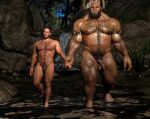  balls beard biceps body_hair chest_hair duo facial_hair genitals hand_holding hi_res human humanoid lex-icon male male/male mammal muscular muscular_humanoid muscular_male nipple_piercing nipples orc penis piercing pubes size_difference 