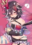  1girl alternate_costume black_hair blush bow breasts broken_heart commentary_request detached_sleeves fang groin hair_bow highres iwaibeni83 kijin_seija looking_at_viewer multicolored_hair navel open_mouth red_bow red_eyes red_hair solo streaked_hair touhou white_hair 