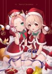  2girls :o ;) ;3 absurdres alternate_costume animal_ear_fluff animal_ears bangs_pinned_back bingchuan_xian_yu_huang box capelet cat_ears cat_girl cat_tail christmas christmas_ornaments commentary_request diona_(genshin_impact) dress english_text forehead genshin_impact gift gift_box gloves green_eyes hair_between_eyes hair_ribbon hat highres holding holding_box holding_gift holding_hands klee_(genshin_impact) kneeling light_brown_hair long_hair looking_at_viewer low_twintails merry_christmas multiple_girls one_eye_closed pink_hair pointy_ears red_capelet red_dress red_eyes red_gloves ribbon santa_costume santa_hat short_dress sidelocks simple_background sitting sleeveless smile snowman tail thick_eyebrows thighhighs twintails wariza white_thighhighs zettai_ryouiki 