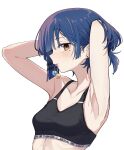  absurdres adjusting_hair armpits arms_up black_sports_bra blue_hair bocchi_the_rock! breasts collarbone cube_hair_ornament earrings hair_ornament highres jewelry looking_at_viewer mole mole_under_eye mouth_hold nenehotoso short_hair short_ponytail small_breasts sports_bra stud_earrings upper_body white_background yamada_ryou yellow_eyes 