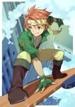  1boy boots border brown_footwear cloud fingernails gloves goggles goggles_on_head green_eyes green_gloves green_jacket highres jacket looking_to_the_side lostastronaut male_focus orange_hair pants partially_fingerless_gloves shirt short_hair short_sleeves shugo_chara! skateboarding sky_jack smile solo souma_kuukai teeth white_border white_shirt yellow_pants 