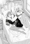  2girls absurdres barefoot bed bottle breasts cleavage cleavage_cutout closed_eyes clothing_cutout commentary_request dark-skinned_female dark_skin detached_sleeves drawer drooling highres hololive houshou_marine jacket large_breasts lying multiple_girls off_shoulder on_back on_side pillow pointy_ears ponytail sake_bottle shiranui_flare sleeping thighhighs uraya_nagi virtual_youtuber window wooden_floor 