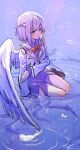  1girl absurdres angel_wings arm_under_breasts bow bowtie braid dress feathered_wings feathers flat_chest french_braid from_above grey_hair highres jacket kishin_sagume long_sleeves partially_submerged purple_dress red_bow red_bowtie reflection ripples shallow_water short_hair shouxishao_jiuyuan single_wing solo touhou water white_wings wings 
