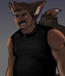  angry animal_humanoid blush bodily_fluids canid canid_humanoid canine canine_humanoid clothing dog_humanoid facial_hair fangs hi_res humanoid juckxony male mammal mammal_humanoid musclegut muscular mustache pecs solo sweat tan_body teeth topwear tube_top zeheb(character) 