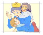  3boys age_switch aged_down aged_up black_hair blonde_hair blue_eyes blue_shirt blue_tunic blush bojji border child commentary_request crown domas hand_up hug hug_from_behind long_sleeves looking_at_viewer loveless516 male_child male_focus multiple_boys open_mouth ousama_ranking outside_border oyabu pants parted_bangs red_pants round_teeth shirt short_hair signature simple_background sweatdrop teeth tunic v-shaped_eyebrows white_border white_shirt yellow_background yellow_eyes 